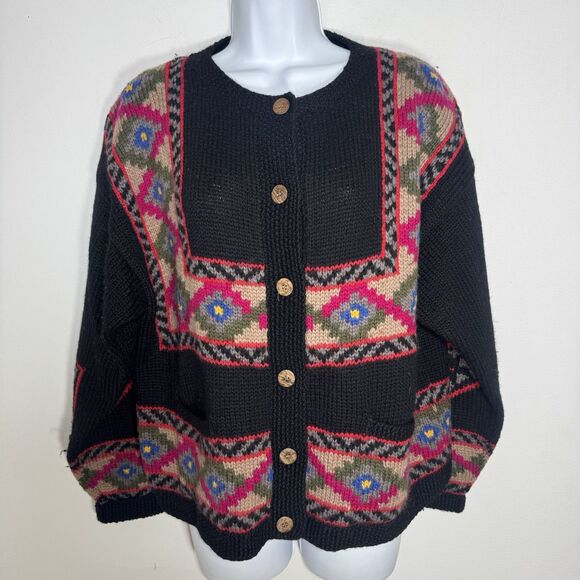 Vintage LL Bean Wool Geometric Cardigan Sweater Fair Isle Nordic Aztec Women L - Picture 2 of 10
